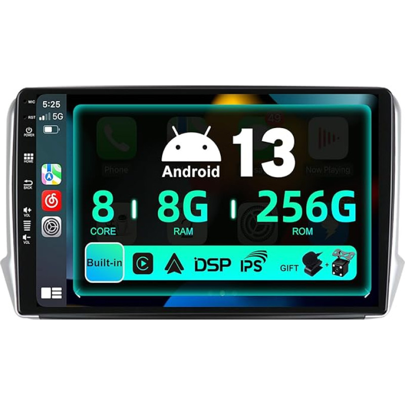 SXAUTO ¦ 8G + 256G ¦ Android 12 IPS Car Radio for Peugeot 208/2008 (2012-2018) - Built-in Carplay/Android Car/DSP - LED Camera + MIC - DAB Steering Wheel Control Fast Boot 360-CAM WiFi - 2 DIN 10.1