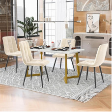 KUAKE valgomojo stalas su 4 kėdėmis, 117 x 68 cm, stačiakampis valgomojo stalas, modernus virtuvės stalo komplektas, aksominės virtuvės kėdės, auksinės stalo kojos (smėlio spalvos)