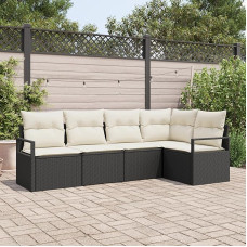Rantry 5-teiliges Garten-Sofa-Set mit Kissen Schwarz Poly-Rattan, 2-Sitzer Garten-Sofa mit Kissen Schwarz Poly-Rattan Gartenlounge Model3346377