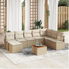 Rantry 9-teiliges Garten-Sofaset mit Kissen Beige Poly Rattan Akazie, 2-Sitzer Garten-Sofa mit Kissen Beige Poly Rattan Gartenlounge Modelis3347743