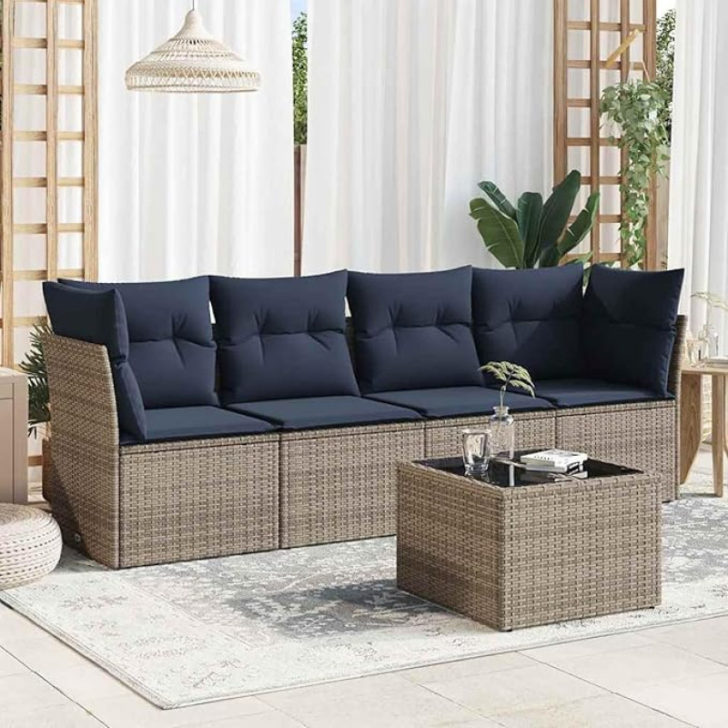 Rantry 5-TLG. Garten-Sofagarnitur mit Kissen Grau Poly Rattan Gartenlounge Modelis3217241