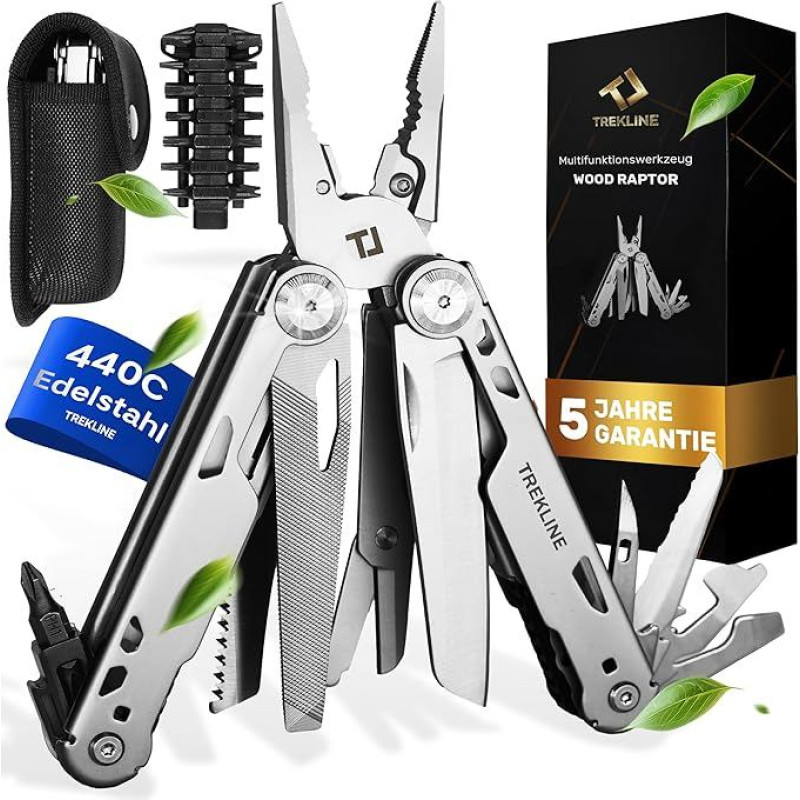 TREKLINE Premium Multitool įrankis [nerūdijantis plienas] Išgyvenimo daugiafunkcinis peilis Puikūs stovyklavimo reikmenys, daugiafunkcinis įrankis [27 funkcijos] Kišeninis peilis (Wood Raptor, standartinis)