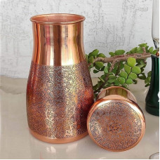 Hygge Pure Copper Bedside Carafes, Copper Jug- Pure Copper Water Pitcher for Gifting, Home, Sports & Yoga Flask with Tumbler - Ayurveda Health Benefits - Capacity 1 Litre (34 oz) Embossed