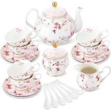 fanquare Pack of 21 British Porcelain Tea Set with Gold Edge, Pink Autumn Leaves Flowers Coffee Service for Women Tea Party, 6 Tea Cups and Saucers for Coffee Home Wedding