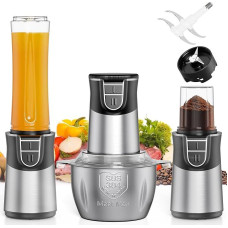 TPGSING 3-in-1 Food Processor, 500 W Strong Multifunctional Blender & Chopper for Smoothies, Meat, Spices & Coffee, 3 Containers & Stainless Steel Blades, Dishwasher Safe & Overheating Protection