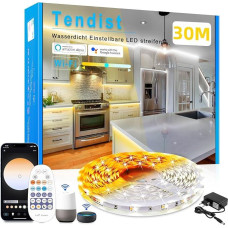 TENDIST LED Strip, Warm White, Alexa Compatible, 3000 K, Cool White, 6500 K LED Strip, White Light Strip with Remote Control, Dimmable, Self-Adhesive Base Cabinet Lighting, LED Strip for Kitchen