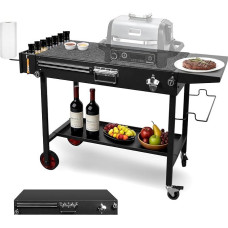 2 lygių kepsninės vežimėlis su ištraukiama lėkšte, tvirtas sodo serviravimo vežimėlis su 6 priedais: Atlenkiama lentyna, kablys, butelių atidarytuvas, magnetinė juostelė, juodas grilio stalas picų kepimo krosniai 110 x 43