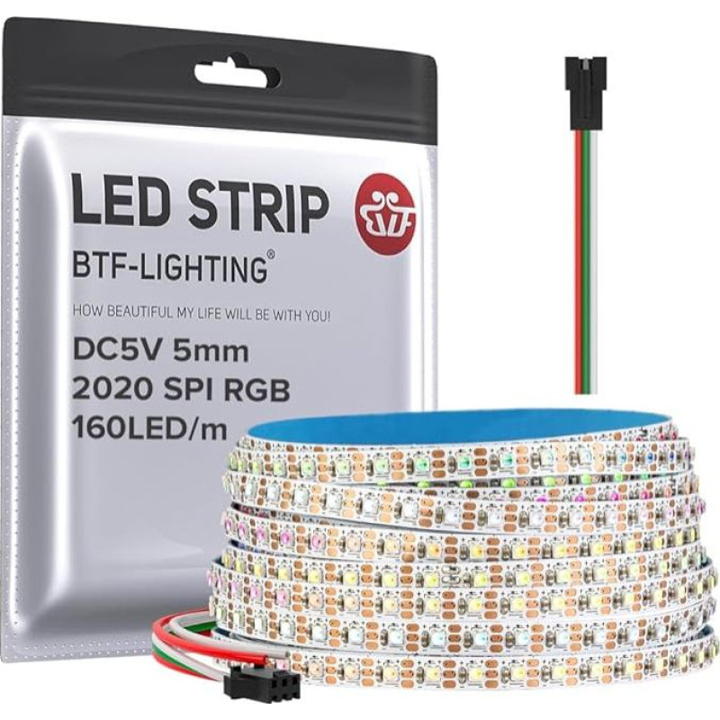BTF-LIGHTING SMD2020 RGB IC individualiai adresuojamas LED juosta DC5V 5M 160LEDs/m 5 mm plati siaura juosta lanksti svajonių spalva plona virvė IP30 nėra atspari vandeniui, skirta 