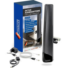SCHWAIGER DVBT2 DAB lauko antena aktyvi su plačiajuosčiu stiprintuvu UHF VHF HD DVBT DAB+ antena TV televizijos radijas IPX4 Oro sąlygoms atsparus jungiamasis kabelis 8,5 m 360° derinimas su maitinimo šaltiniu LTE Cut