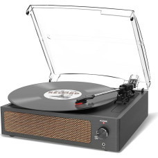 Vinilinių plokštelių grotuvas su garsiakalbiu, vintažinis vinilinių plokštelių patefonas, diržinės pavaros patefono palaikymas, 3 greičiai, AUX-in, RCA linijos LP vinilo grotuvas, retro juodas