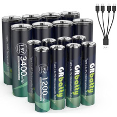 GRbatty USB C Rechargeable AA Lithium Batteries 3400 mWh Pack of 8, USB C 1.5 V Rechargeable AAA Batteries 1200 mWh 8 Pieces with 4-in-1 Charging Cable