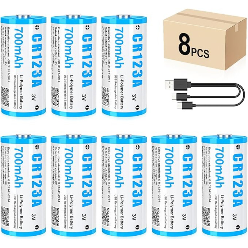 CR123A 3V ličio baterija, 8 vnt. 3V įkraunama USB ličio baterija, iki 3000 ciklų su USB-C įkrovimo prievadu, greitai įkraunama per 2 valandas, 123A baterija 700 mAh, skirta durų užraktams su pirštų atspaudais ir kt.