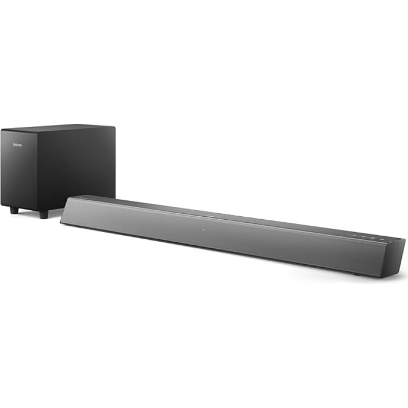 Philips TAB5308/10 Soundbar 2.1 su belaidžiu žemų dažnių garsiakalbiu | 140 W | 4,5 colio žemų dažnių garsiakalbis | 4 ekvalaizerio režimai | HDMI ARC | Garso įvestis | Optinis įėjimas | Kompaktiškas | Nuotolinio valdymo pultas | Sieniniai laikikliai | Ta