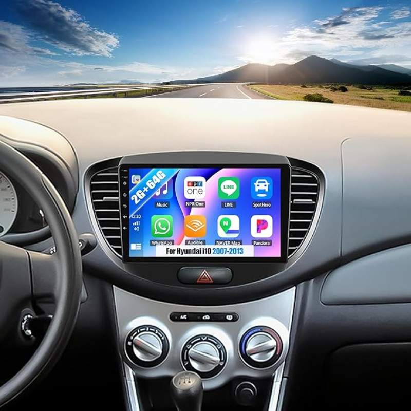 OiLiehu 2+64G Android 13 automobilinė stereogarsiakalbė Hyundai i10 2007-2013 su belaidžiu CarPlay Android automobiliu, 9 colių IPS jutiklinio ekrano radijas su WiFi GPS Mirror Link Bluetooth FM RDS EQ SWC + atsarginė kamera