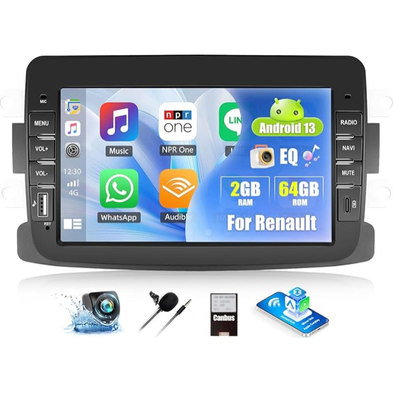 OiLiehu 2G + 64G Android 13 Radijo stotelė Renault Dacia Duster Sandero Captur Lodgy Symbol Logan Dokker 7 colių CarPlay Android automobilinis radijas su IPS ekranu Bluetooth GPS FM RDS WiFi SWC EQ atbulinės eigos kamera