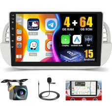 Hikity 8 Core/4G + 64G 9 Inch Android Car Radio for Fiat 500 2007-2015 Radio 2 DIN with Wireless CarPlay Android Car Touchscreen GPS 59UI DSP SWC Radio FM/RDS WiFi + Reversing Camera + Mic