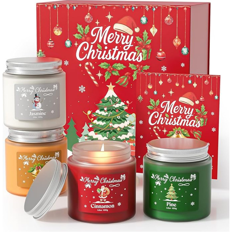 NORVENCE Weihnachtskerze, Duftkerze Geschenkset 4 Stück, Urlaubskerzen Geschenke für Frauen und Männer, perfekte Weihnachtsgeschenke für Frauen (Zimt, Kiefer, Vanille, Jasmin, 400g)