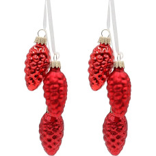 Elegant Lauschaer Christmas Tree Decoration - Cancer Glass Lauscha - Christmas Tree Decorations Glass Cones Set of 2 with 3 Pine Cones in Red with Textile Ribbon 6 cm, Glossy, Matt, Glittery