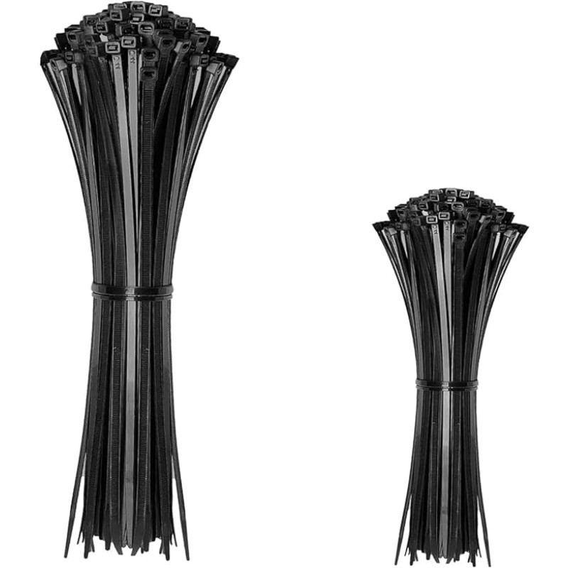 Kunststoff-Kabelbinder, Schwarz, 2 Größen, 300 x 3,6 mm, 150 x 3,6 mm, strapazierfähiges, starkes Nylon, Premium, selbstsichernd, schwarze Kabelbinder für Outdoor, Auto und Zuhause, 200 Stück
