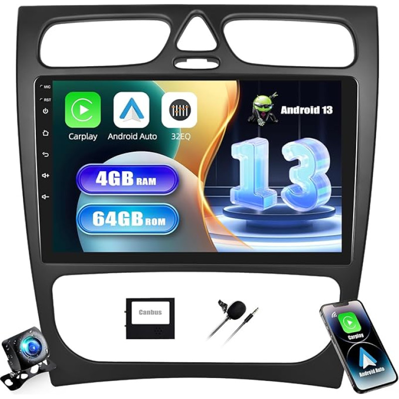 [4+64G] SIXWIN Android 13 automobilinis radijas su CarPlay/Android Car/Mirror Link Mercedes-Benz C-Class/CLK 2002-2004.9 colių HD jutiklinis ekranas palaiko WiFi GPS Bluetooth 5.0 FM/RDS 32EQ + galinio vaizdo kamera