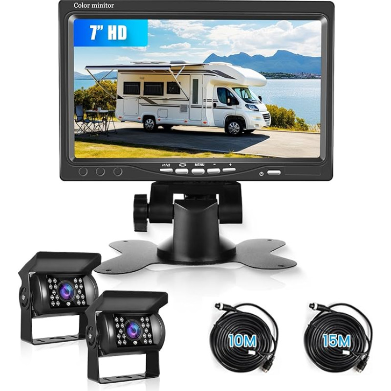 Atbulinės eigos kamera su 7 colių HD monitoriumi ir 2 kameromis, IP69 vandeniui atspari infraraudonųjų spindulių naktinio matymo kamera, atbulinės eigos kamera sunkvežimiams, priekaboms, kemperiams ir nameliams ant ratų, 10 m kabelis + 15 m kabelis