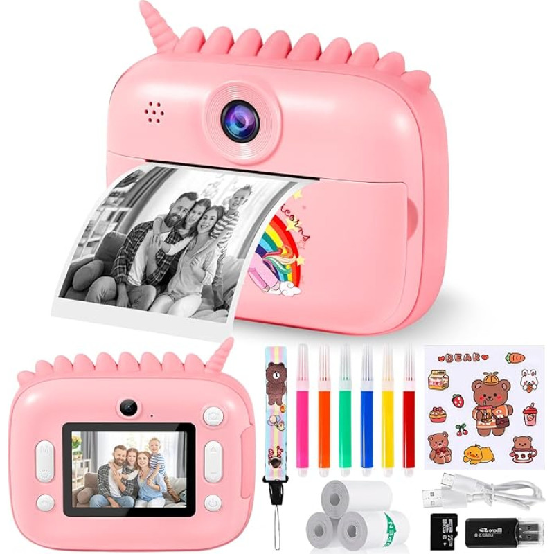 Vaikiškas momentinis fotoaparatas, 12 MP 2,4 colio ekranas, vaikiškas fotoaparatas, momentinis fotoaparatas su 32G kortele, spausdinimo popieriumi ir spalvotais rašikliais, 1080P fotoaparatas, vaikams, momentinis spausdinimas, dovana 3-12 metų vaikams