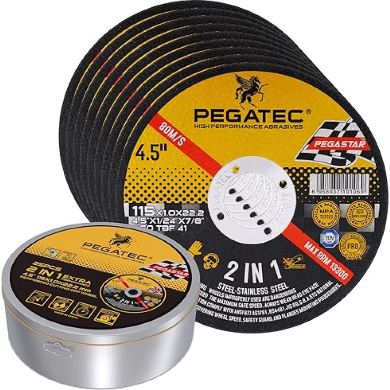 PEGATEC pjovimo diskai 25 Pack Premium ploni 115x1x22 mm pjovimo diskai metalui ir nerūdijančiam plienui Agresyvus pjovimo diskas kampiniam šlifuokliui, skirtas universaliam metalo pjovimui