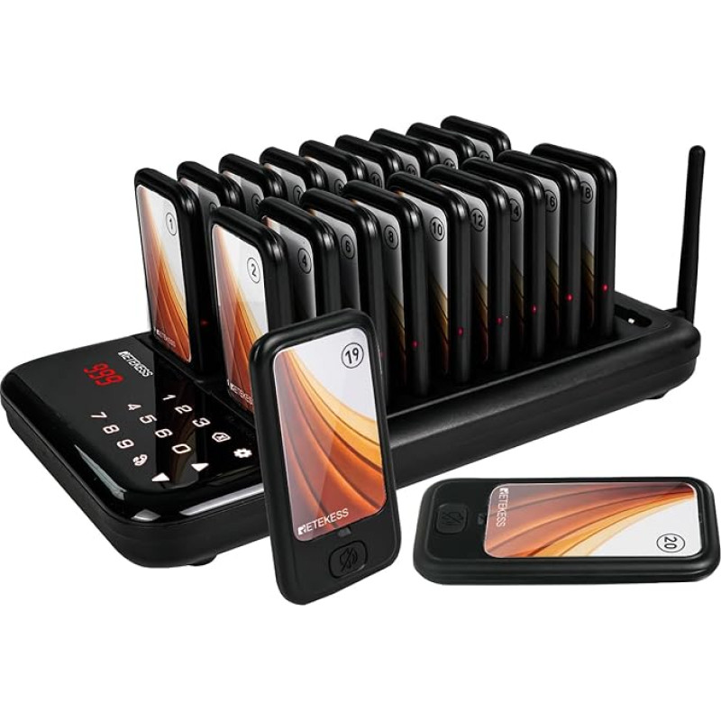 Retekess TD173 Pager iškvietimo sistema, 500 m Pager sistema restoranui, 20 Pager, 7 iškvietimo režimai, Plug and Play, su nutildymo mygtuku, keičiamais lipdukais, Pager maitinimo sistema konditerijos parduotuvėms, viešbučiams, užeigoms