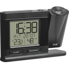 TFA Dostmann 60.5017.01 Radio-Controlled Projection Alarm Clock with Power Supply Including Thermo-Hygrometer Dimmable Bedroom Clock Black (L) 149 x (W) 38 x (H) 104 mm