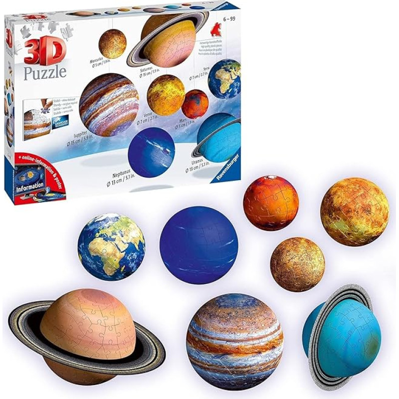 Ravensburger 11668 planetų sistemos 3D dėlionė vaikams nuo 7 metų, 8 rutuliukų planetos kaip Saulės sistemos modelis su plakatu, modelio gamyba be klijavimo.