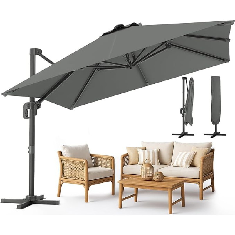 VOUNOT 300 cm ilgio konsolinis skėtis su stovu, rankenėle, apsauga nuo vėjo ir dangčiu, 360° pasukamas ir 6 kartus pakreipiamas, sodo skėtis terasai, balkonui ir sodui, apsauga nuo UV spindulių, atsparus vandeniui, tamsiai pilkas