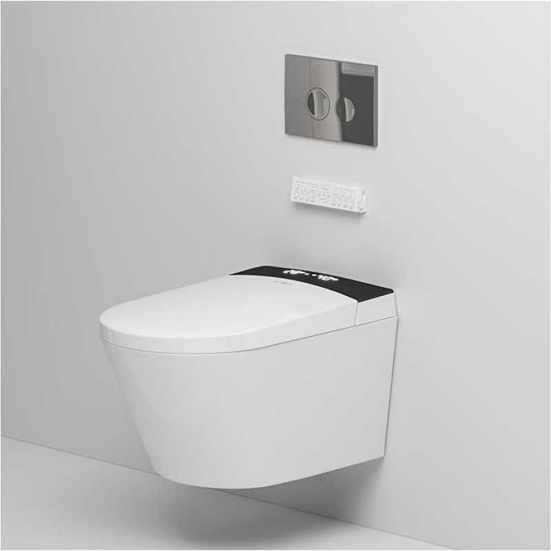 MEJE #MZE014P Išmanusis sieninis tualetas su integruotu bide, šildoma sėdyne, karšto oro džiovintuvu, automatiniu nuleidimu, automatiniu atidarymu ir uždarymu, nuotolinio valdymo pultu, naktine šviesa, baltas