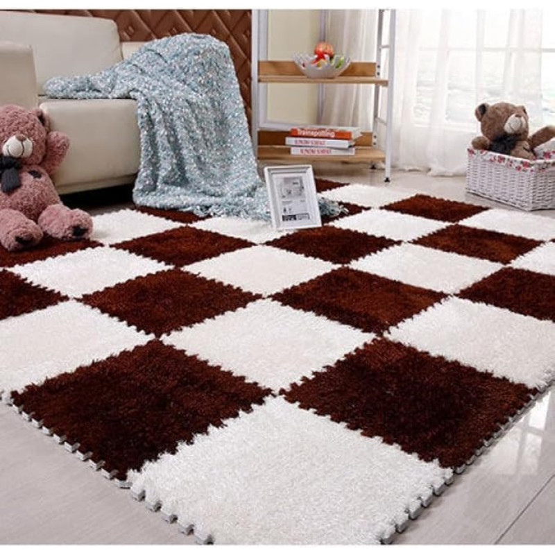KJoBDwz Schaumstoff Plüsch Bodenmatte 10 Stück Schaumstoff-Ineinandergreifende Puzzle-Bodenmatte, quadratische Plüschschaum-Bodenmatte, Mehrzweck-Bodenmatte Klettermatte(Dark Coffee+White)