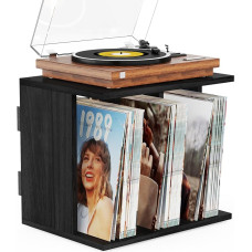 Emfogoo Vinyl Stand Wooden Box Wall Mounted Vintage Style Vinyl Cabinet with 3 Compartments Vinyl Record Player Stand Holds up to 100 Albums for Living Room Office Black