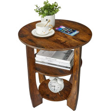 ZEXVIDA Apvalus medinis šoninis staliukas, kavos staliukas, vintažinis pastoralinis stilius, 3 pakopų apvalus šoninis staliukas su laikymo vieta, naktinis staliukas, mažas staliukas, sofos staliukas svetainei, miegamajam, balkonui (Vintage)
