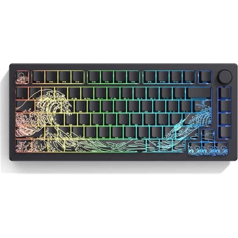 dagaladoo Juodos spalvos klavišų dangteliai Dvigubo šūvio PBT klavišų dangteliai Šviečia per Kanagavos bangos pusės spausdintus klavišų dangtelius Vyšninio profilio pasirinktinių klavišų dangtelių rinkinys 100 %, 75 %, 65 %, 60 % JAV išdėstymo mechaninei 