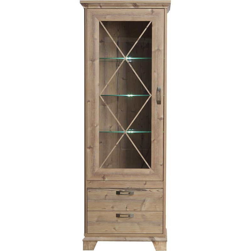 FORTE Nepal Bramberg eglės vitrina su 1 stiklinėmis durelėmis ir 2 stalčiais 75,6 x 209,2 x 45 cm