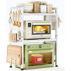SAYZH Microwave Shelf, 3-Tier Expandable Microwave Shelf, Microwave Shelf Organiser Kitchen with 10 Hooks, Flexible Extendable from 40-70 cm, Tiered Kitchen Shelf, Microwave Stand, White