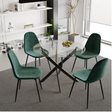 IMHKAM Dining Table with 4 Chairs Dining Table Round Glass Table Kitchen Table Set Dining Room Chair Velvet Kitchen Chair Green