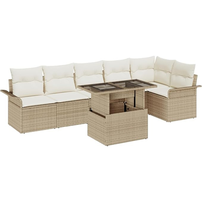 Rantry 7-teiliges Garten-Sofa-Set mit Kissen Beige Poly Rattan Gartenlounge Modelis3348297
