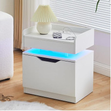 TUKAILAI Naktinis staliukas su LED, balti naktiniai staliukai su 1 dideliu stalčiumi ir įkrovimo stotele, naktinė spintelė su saugykla ir USB įkrovimo prievadu, skirta miegamajam, svetainei, naktiniam staliukui, 35 x 50 x 55,5