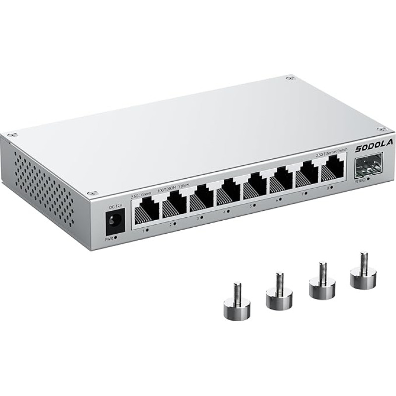SODOLA 8 prievadų 2,5 Gbit nevaldomas komutatorius, 8 x 2,5 GBASE-T prievadai, 1 x 10G SFP+, aliuminio lydinio aušinimas ir magnetinis tvirtinimas, 