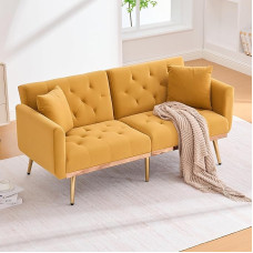 Dviejų vietų sofa su miego funkcija, sofa-lova, trijų lygių reguliuojamu atlošu, su paminkštinta sėdynės pagalve, skirta svetainei, miegamajam, 161,97 x 79,98 x 77,97 cm (garstyčių geltonos spalvos)