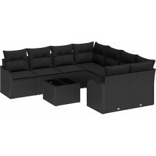 9-teiliges Garten Sofa Set mit Kissen Schwarz Poly Rattan, 2-Sitzer Garten Sofa mit Kissen Schwarz Poly Rattan Gartenlounge Modelis3345643