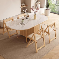 Oval Dining Table for 4 Chairs, White Folding Tables for Small Spaces with Wheels and Drawer for Kitchen, Home, 43-92-140 cm, 3-Level Adjustable Length