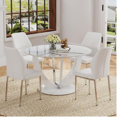 TesNus Rundes Esstisch-Set für 4 Personen mit Stühlen, Marmorplatte und weißen Kunstlederstühlen, modernes rundes Küchen-Esstisch-Set für Wohnung, modernes Zuhause, neues Haus für 4 Personen