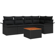 6-teiliges Garten Sofa Set mit Kissen Schwarzes Poly Rattan Akazie, 2-Sitzer Garten Sofa mit Stauraum & Kissen Schwarzes Poly Rattan Gartenlounge Model3356000