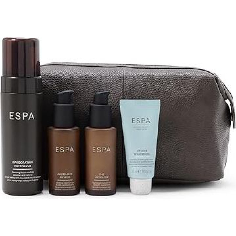 ESPA vyrų priežiūros rinkinys, 4 dalių odos priežiūros dovanų rinkinys jam su gaivinančiu veido prausikliu, skutimosi priemonių rinkiniu, drėkikliu ir sveikatinamuoju dušo geliu, atgaivinančiu savęs priežiūros rinkiniu