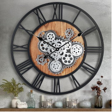 Lafocuse 57 cm Vintage Wall Clock Large with Movable Gears, Industrial Steampunk XXL Wall Clock Wood, Antique Retro Decoration for Kitchen, Living Room, Bar