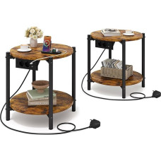IRONCK Round Side Table, Coffee Table with Socket, Small Wooden Table, Living Room Table, 2 Shelves, Sofa Table, USB & Type-C Connection, Metal Frame, Bedside Table for Bedroom (Vintage Brown, 2